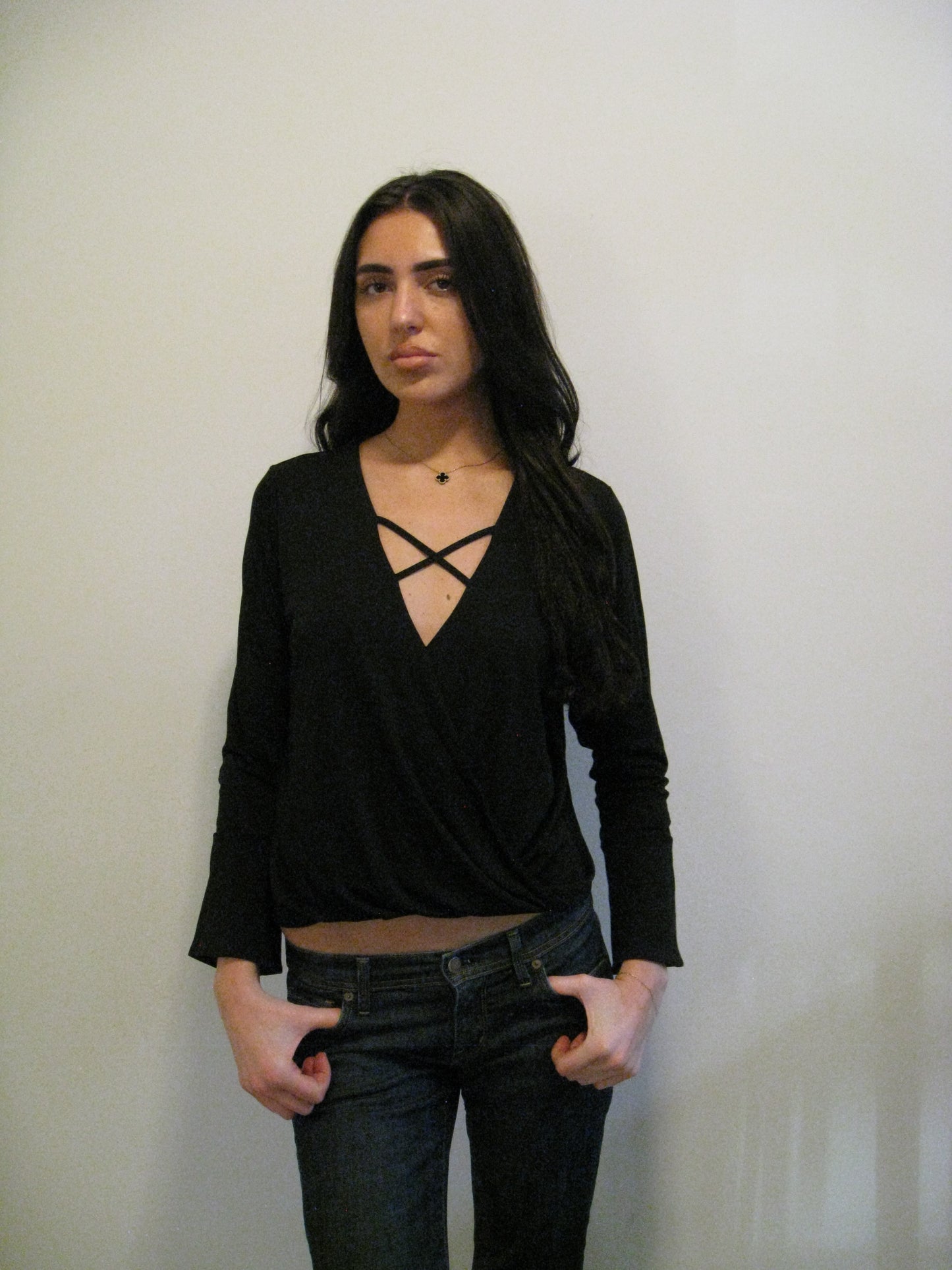 Black Crossline V Neck Long Sleeve