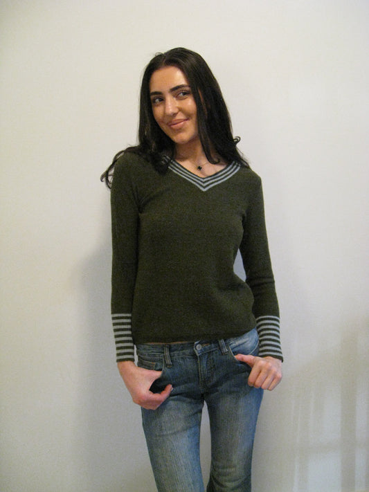 Army Green & Striped V Neck Sweater