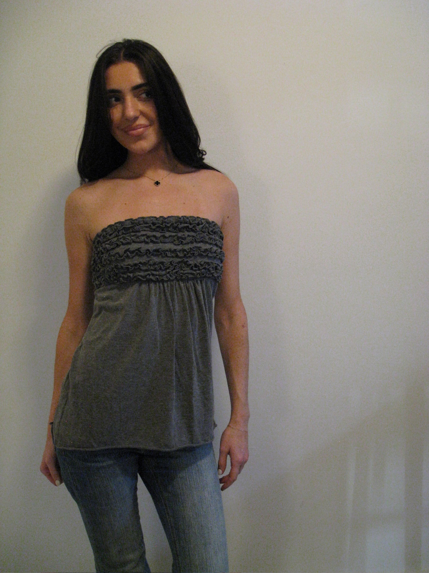 Grey Ruffle Strapless Tube Top
