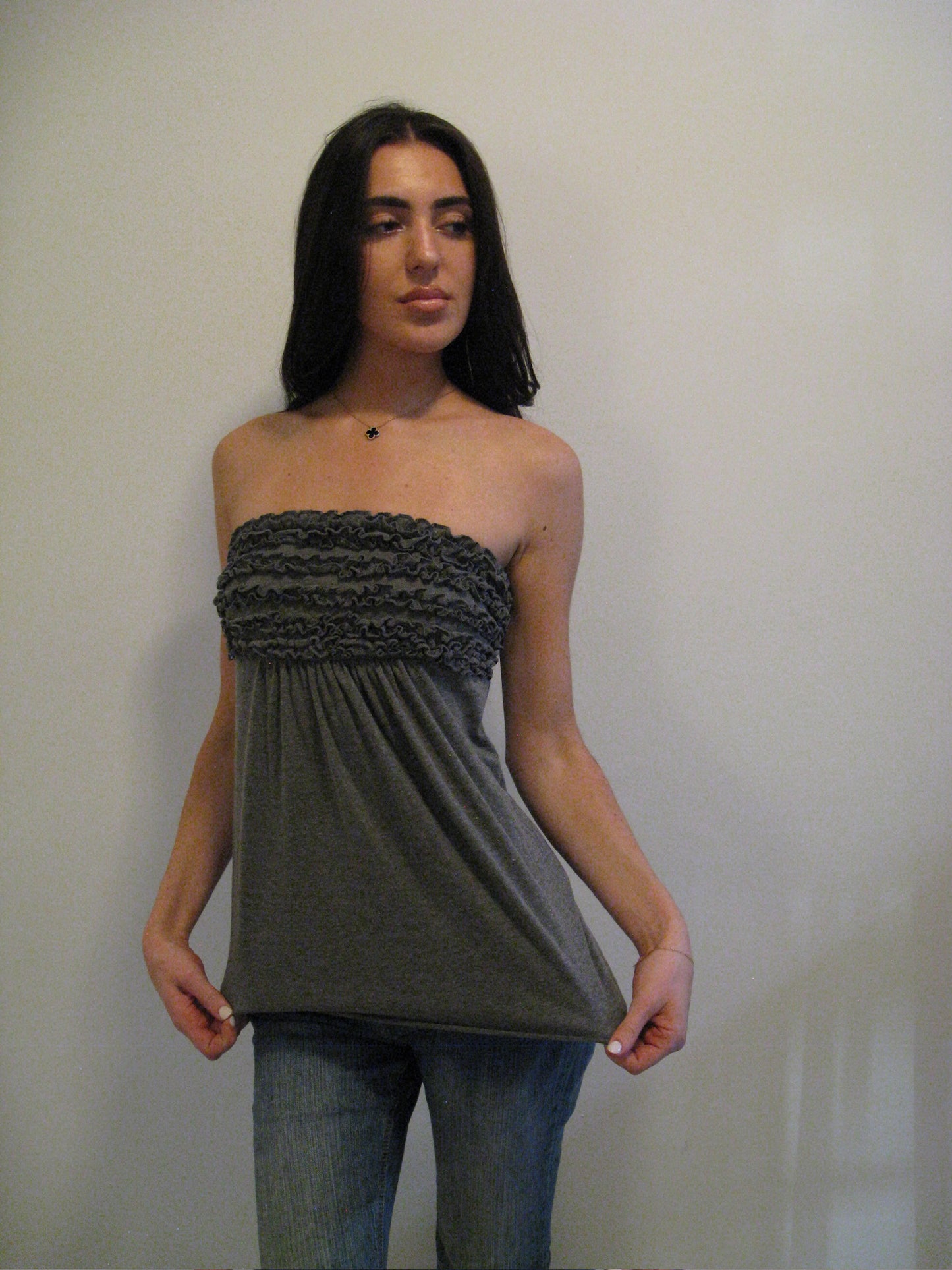 Grey Ruffle Strapless Tube Top