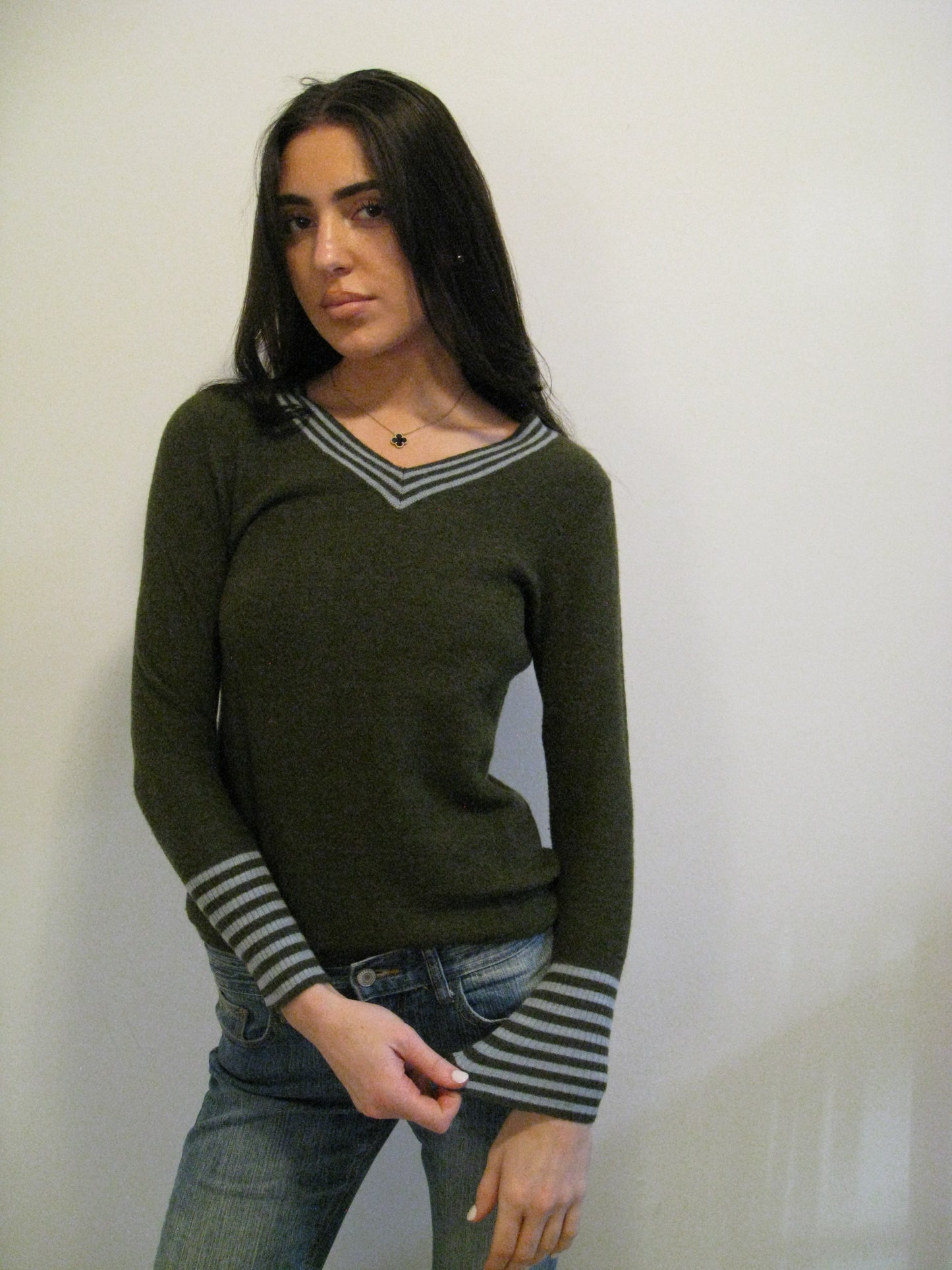 Army Green & Striped V Neck Sweater