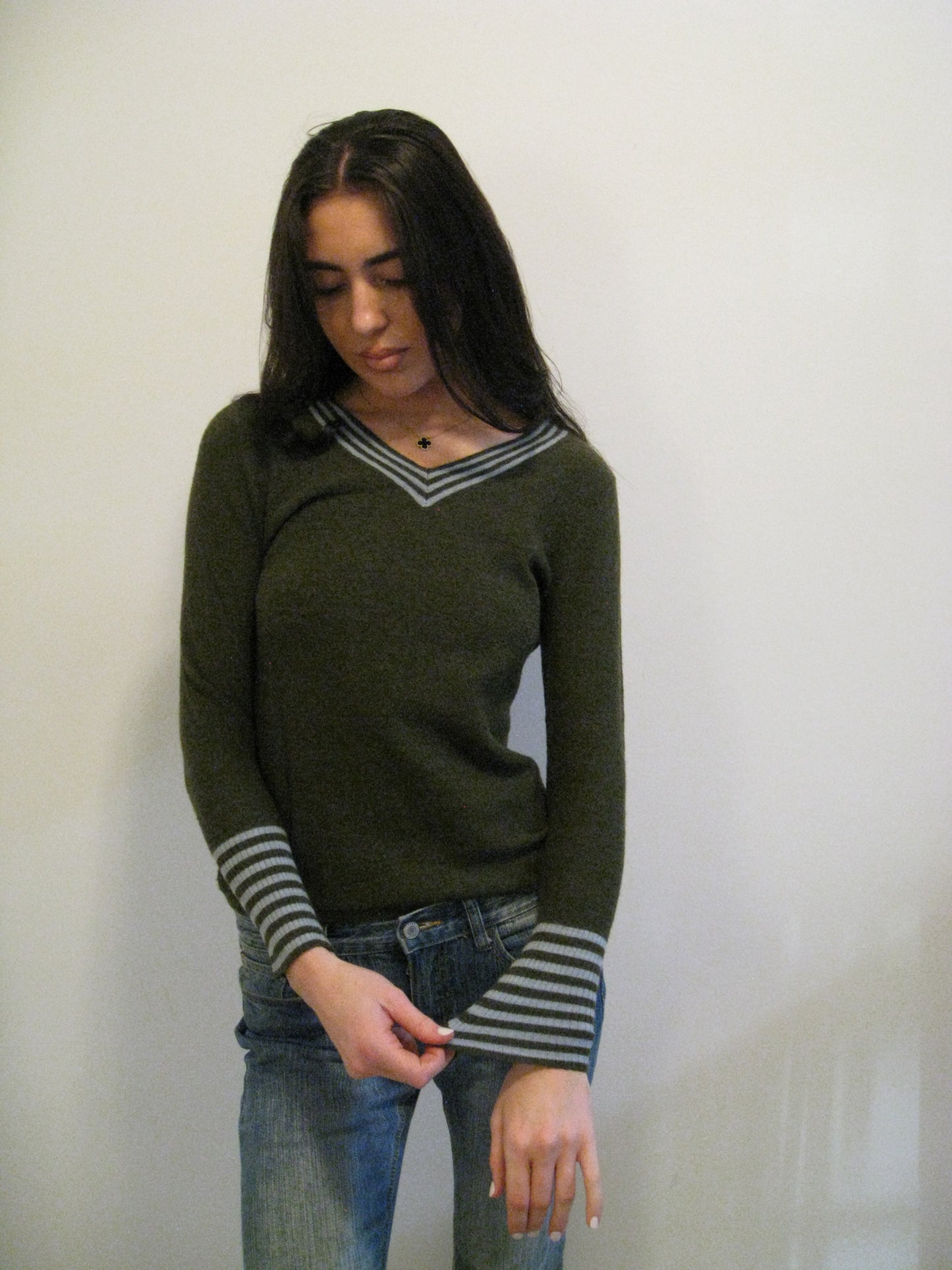 Army Green & Striped V Neck Sweater