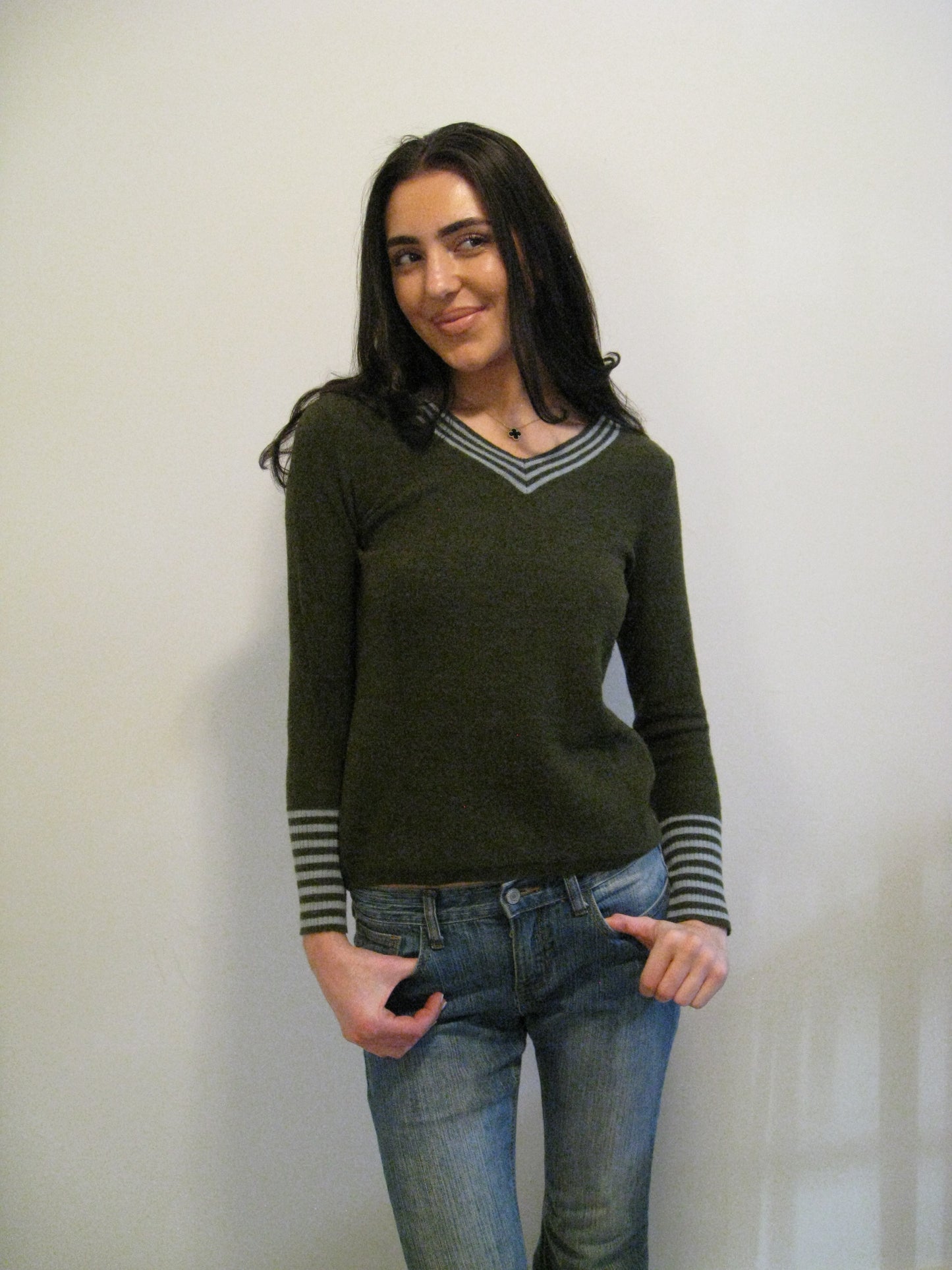 Army Green & Striped V Neck Sweater