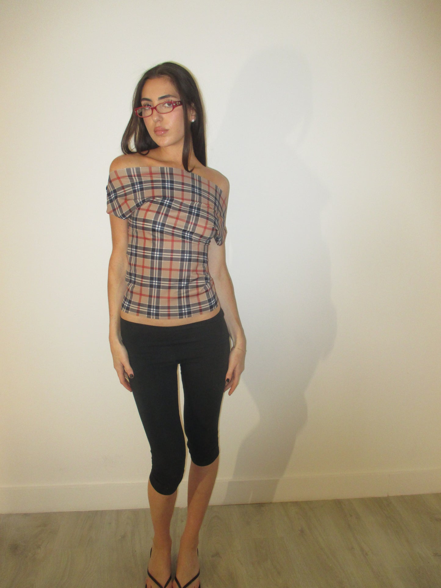 Dark Plaid Off Shoulder Top