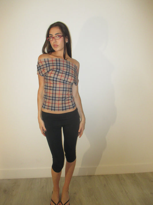 Dark Plaid Off Shoulder Top