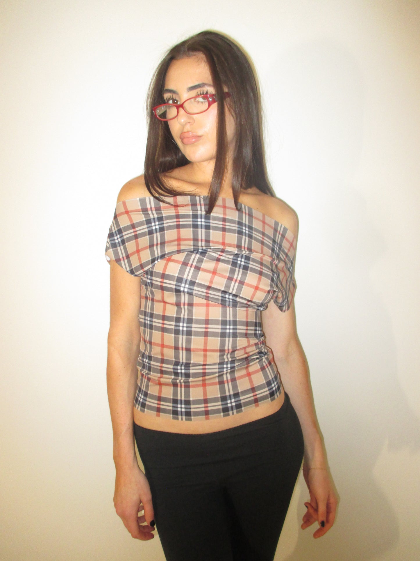 Dark Plaid Off Shoulder Top