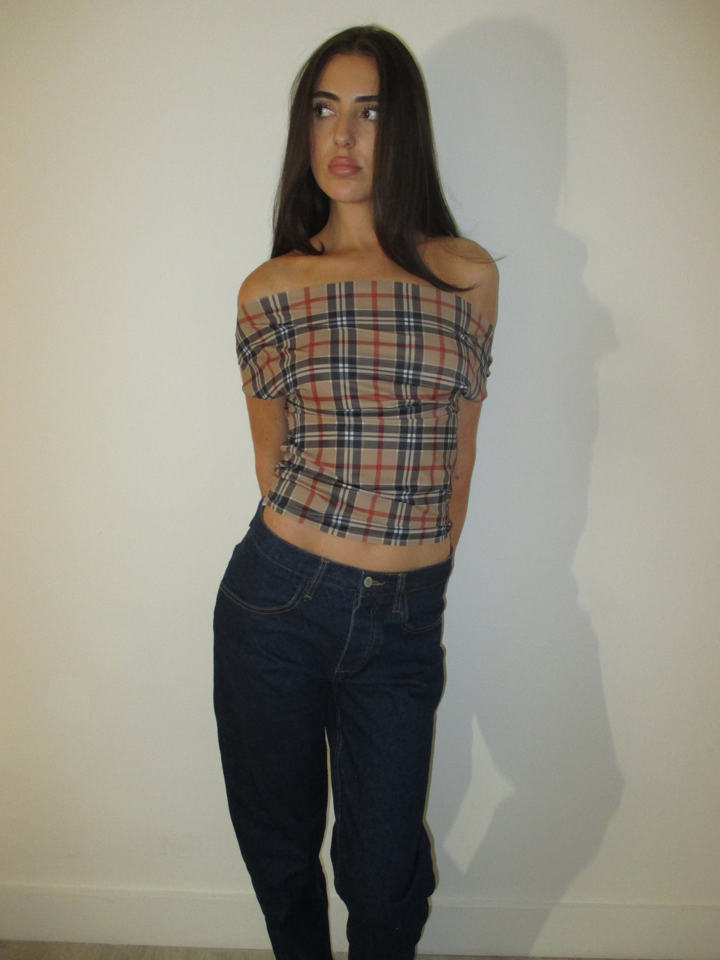 Dark Plaid Off Shoulder Top