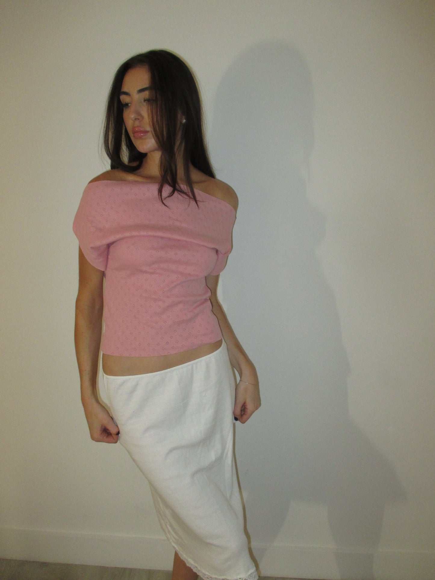 Strawberry Pink Pointelle Off Shoulder Top