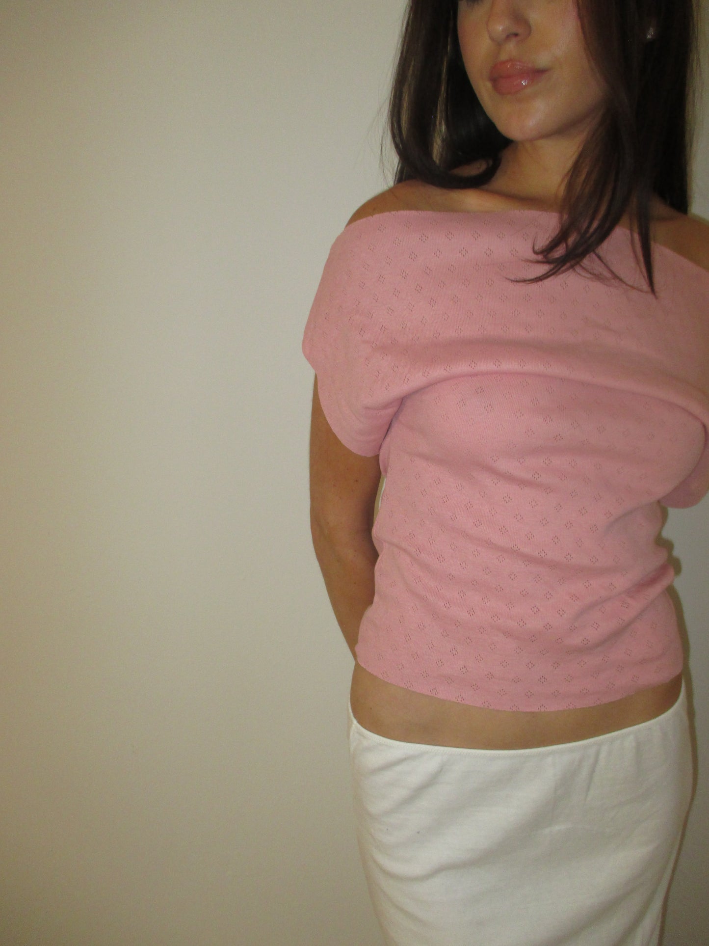 Strawberry Pink Pointelle Off Shoulder Top