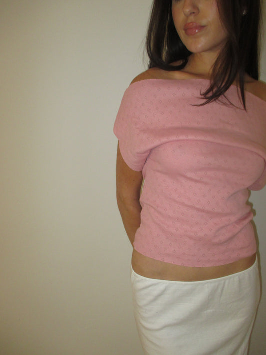 Strawberry Pink Pointelle Off Shoulder Top