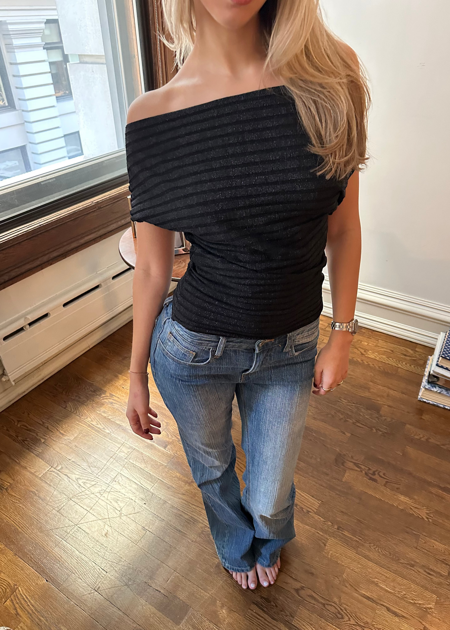 Midnight Sparkle Off Shoulder Top