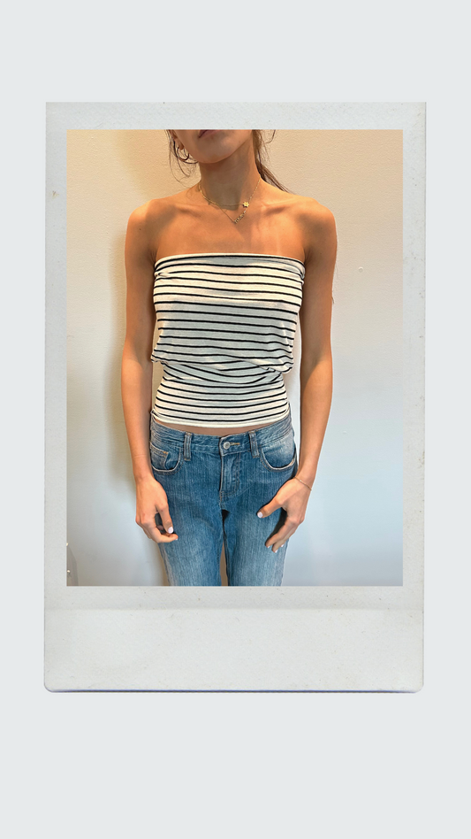 Black and White Striped Drop Waist Tube Top