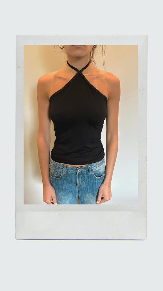 Black Halter Top with Scalloped Edges