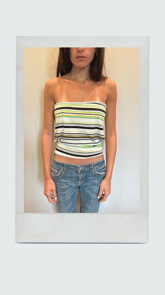 Green, Black, White and Yellow Striped Drop Waist Tube Top