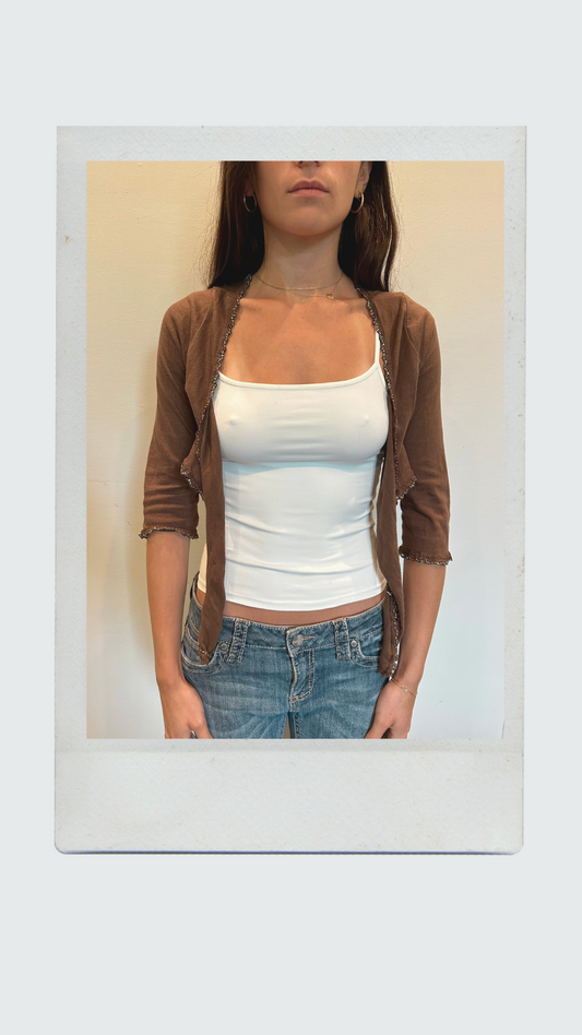 Brown Quarter Sleeve Top with Sparkled Edges