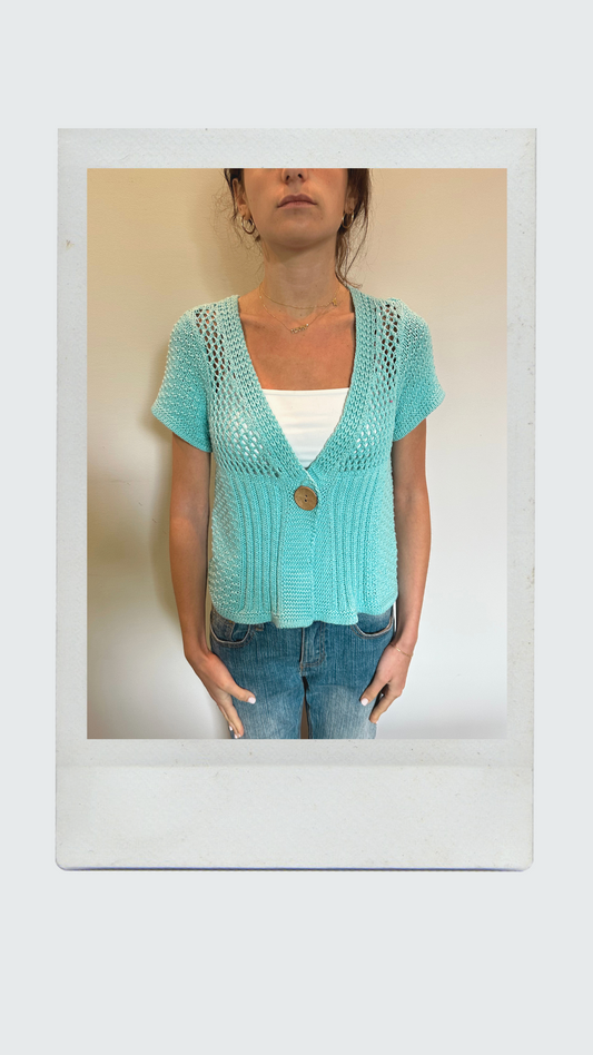 Blue Crochet Button Up Cardigan