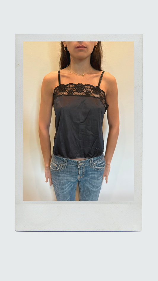 Black Silk Tank with Lace Trim
