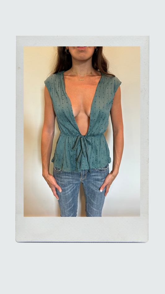 Teal Sparkly Deep V Tie Top