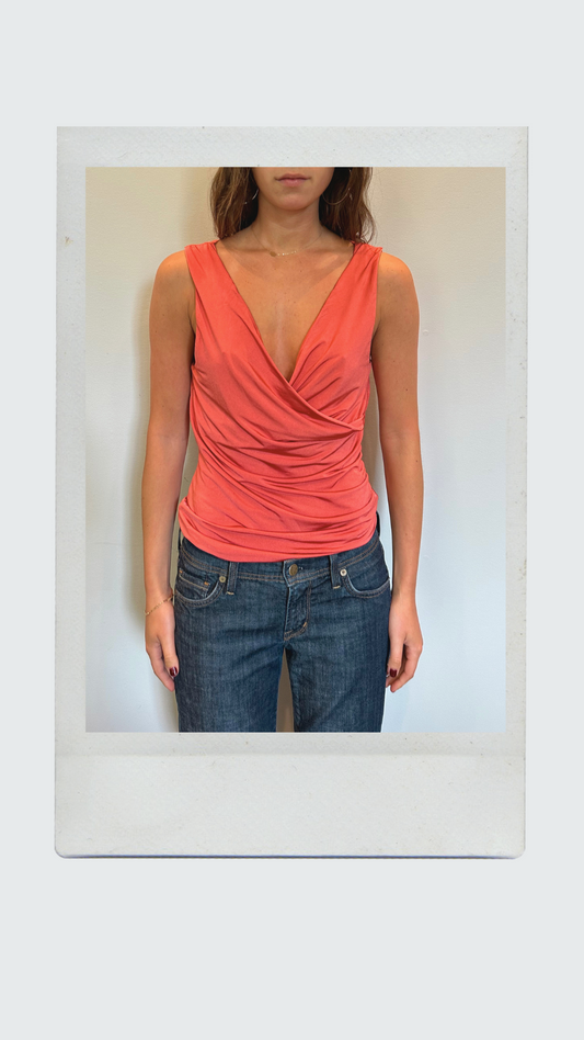 Orange Ruched Deep V Tank Top