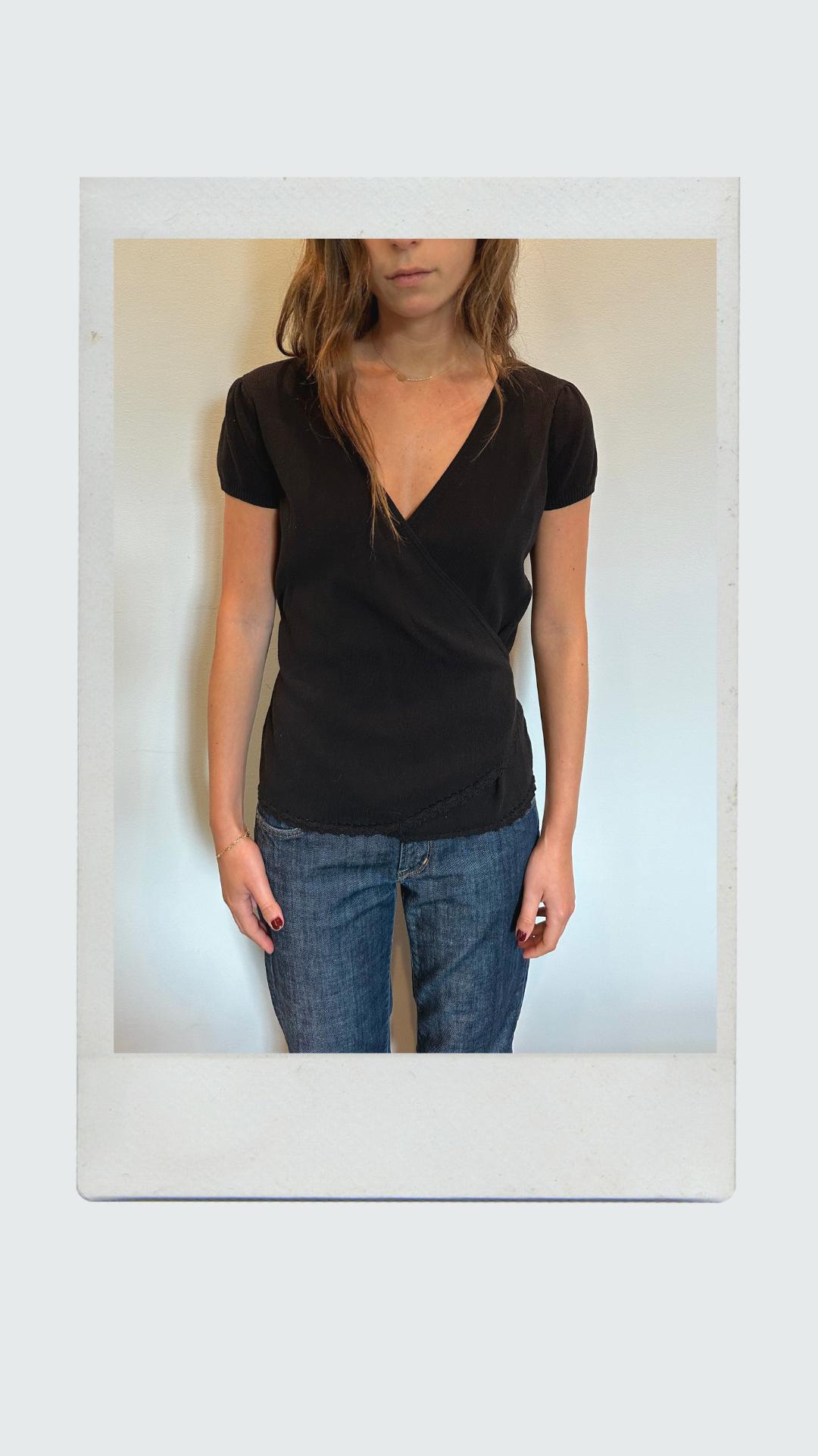 Black Wrap Top with Knitted Edges