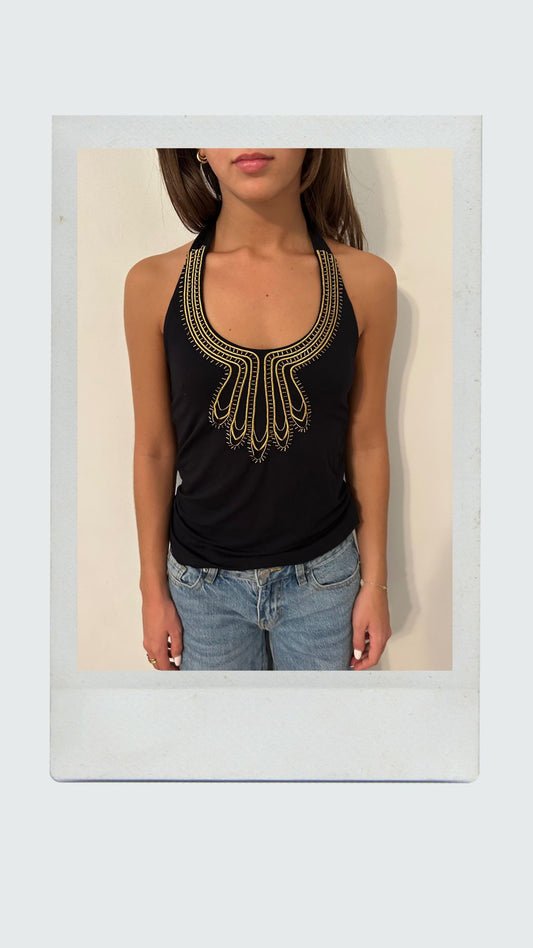 Black Halter Top with Gold Detailing