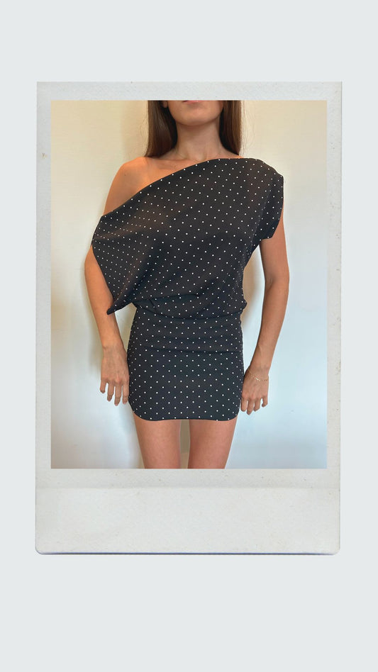 Black and White Polka Dot Off Shoulder Dress