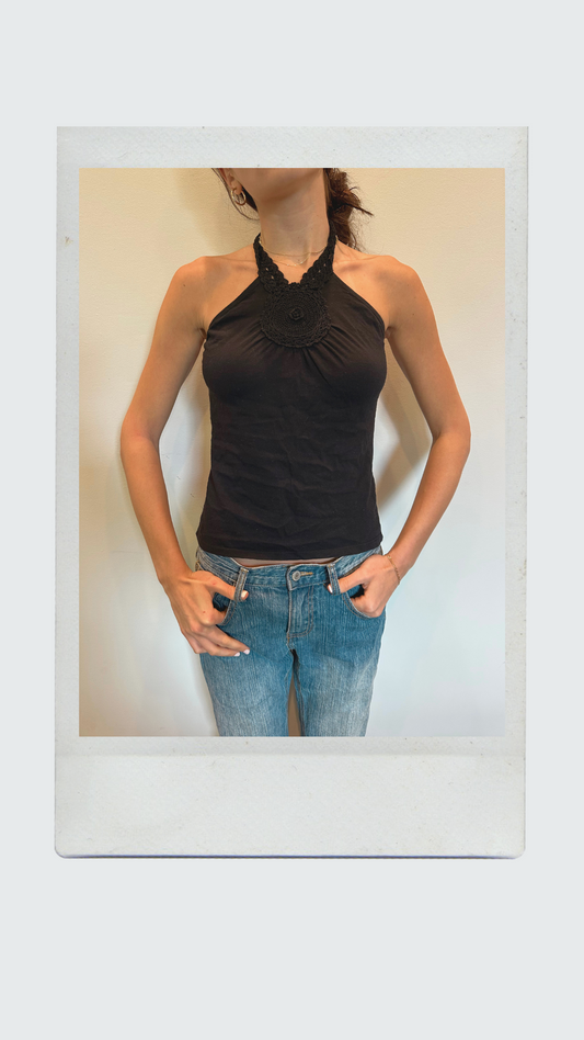 Black Halter Top with Crochet Neckline