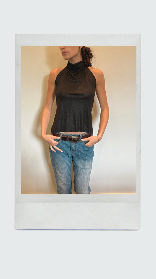 Shiny Black High Neck Open Back Top