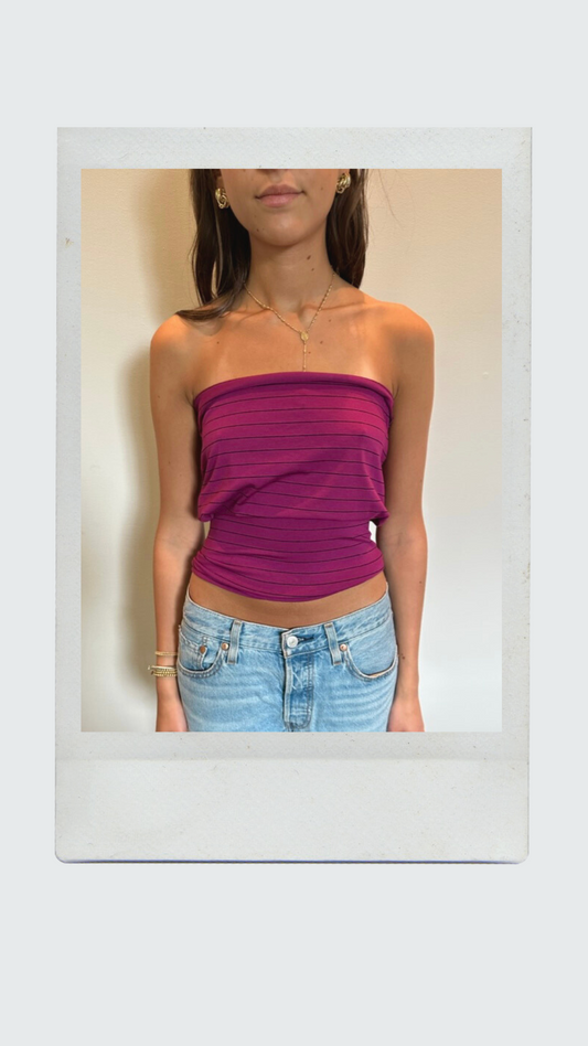 Maroon and Black Striped Drop Waist Tube Top