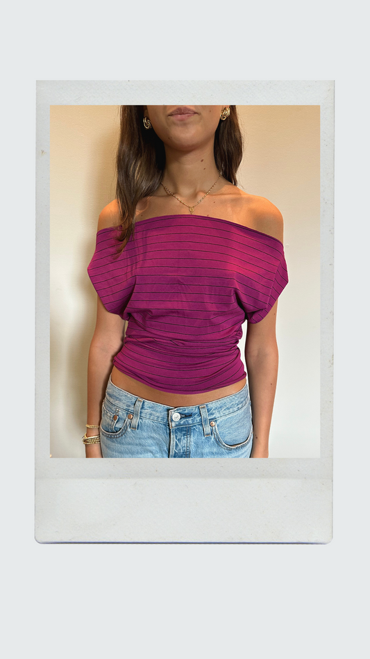 Maroon and Black Striped Off Shoulder Top