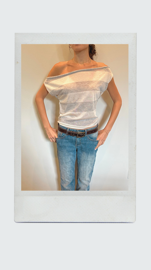 Grey and White Striped Off Shoulder Top