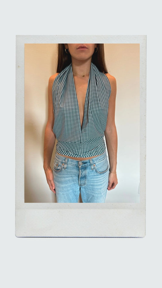 Olive Green Gingham Plunge Top