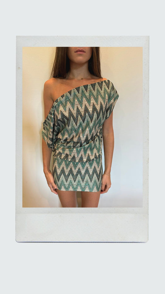 Emerald Chevron Off Shoulder Dress