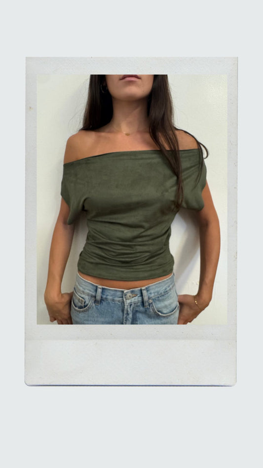 Olive Green Suede Off Shoulder Top