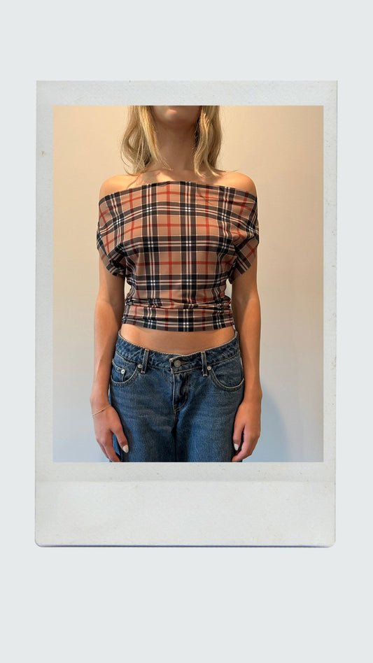 Dark Plaid Off Shoulder Top