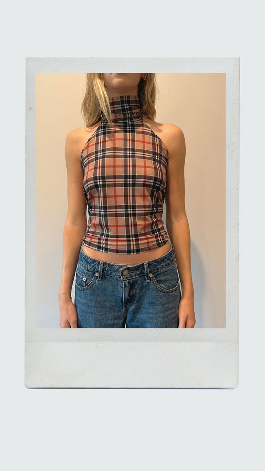 Dark Plaid High Neck Top